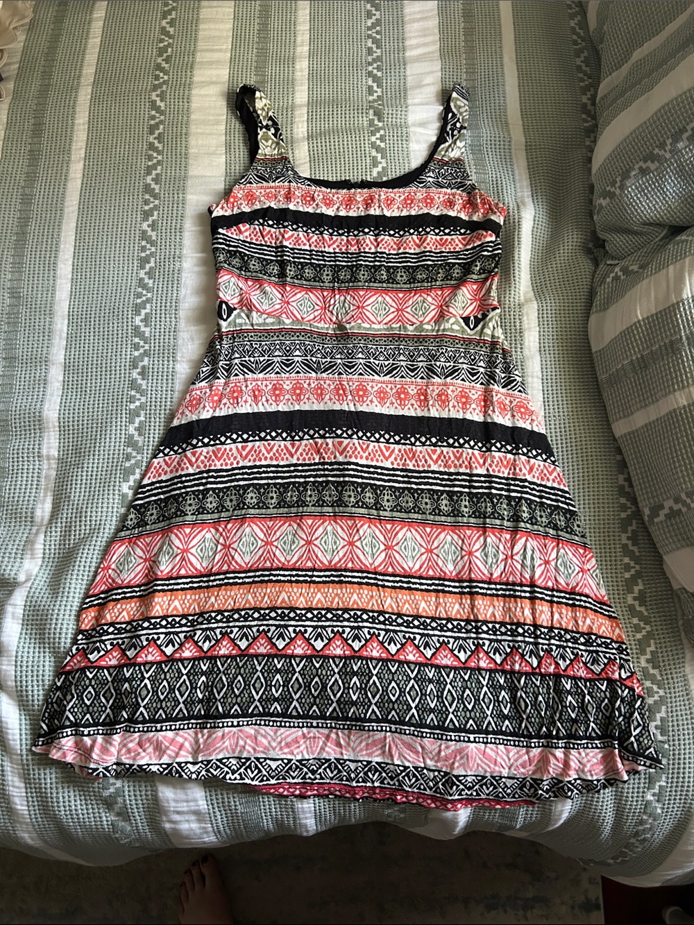 LOFT, Size 12, Sleeveless Geometric Print A-Line Dress in Coral & Black